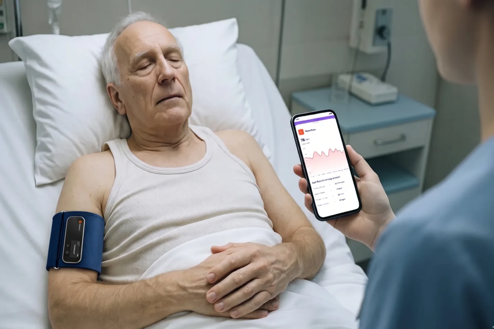 A patient resting in bed wearing a VitalWeave band while a carer checks his readings on a phone