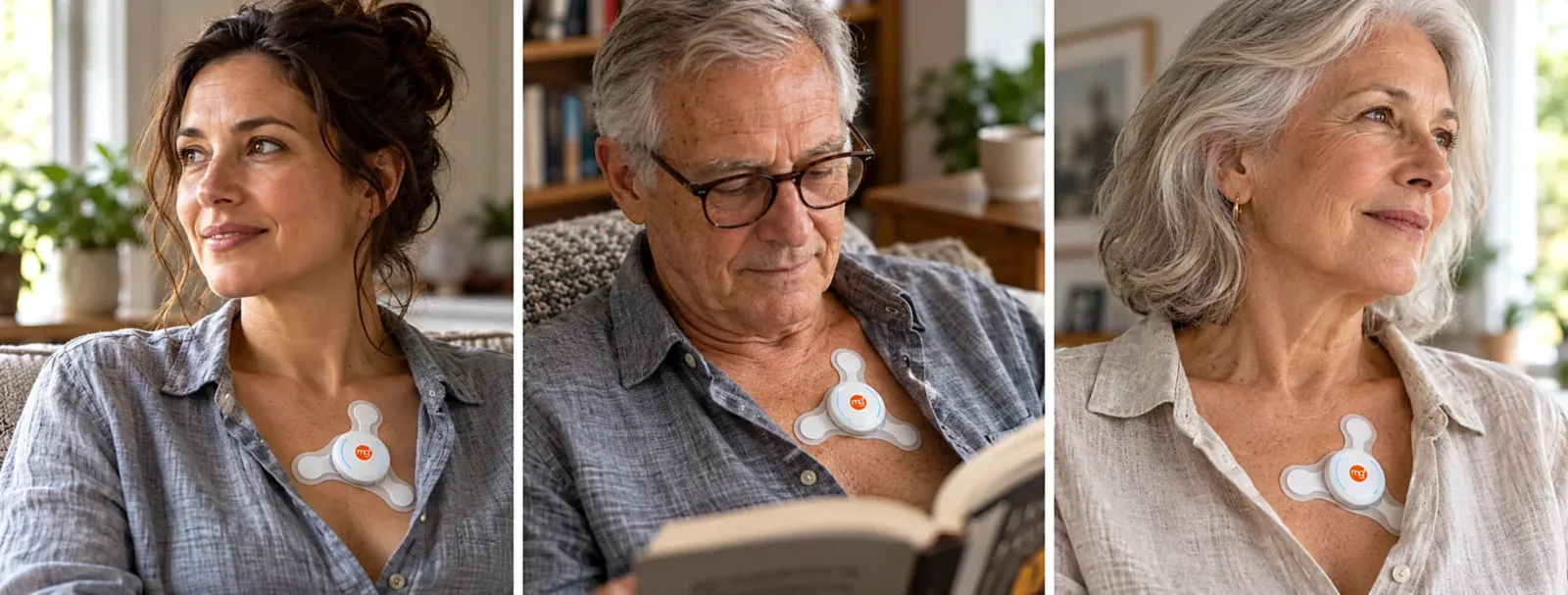 Three people at home wearing the client-supplied PulmoSens chest patch