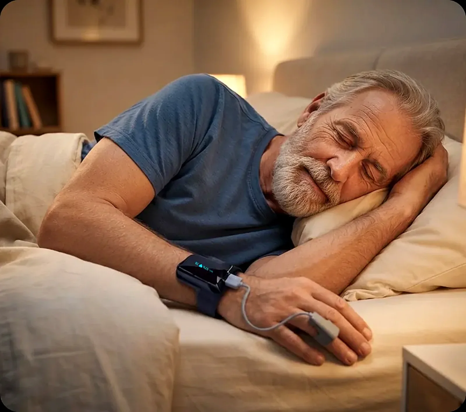 An older man asleep wearing VitalWeave Sleep with a finger sensor